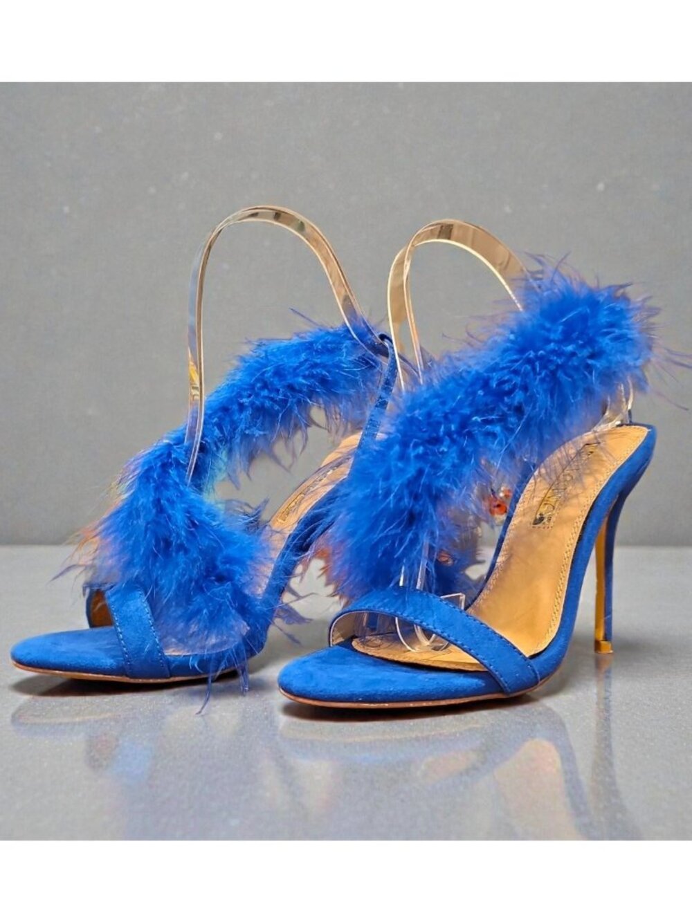 Blue Feather High Heel Slingback Open Toe Sandals